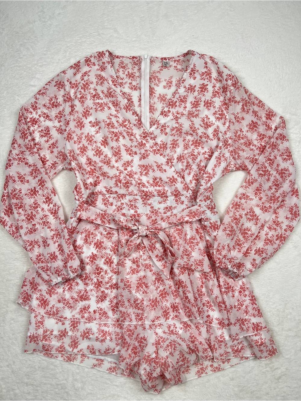 Relipop Pink Floral Deep V-Neck Long Sleeve Ruffle Romper Size XL